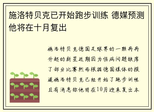 施洛特贝克已开始跑步训练 德媒预测他将在十月复出
